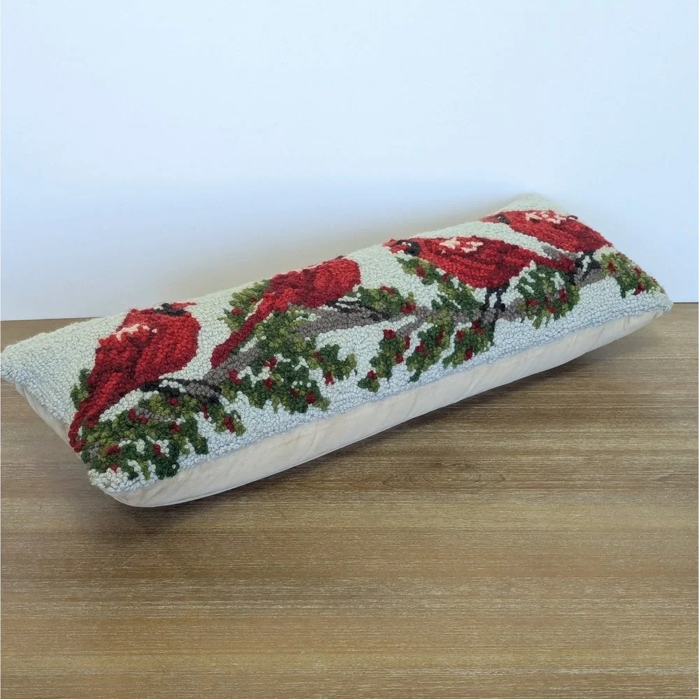 Cardinals Red Birds Wool Latch Hook Velvet Lumbar Decorative Pillow 24
